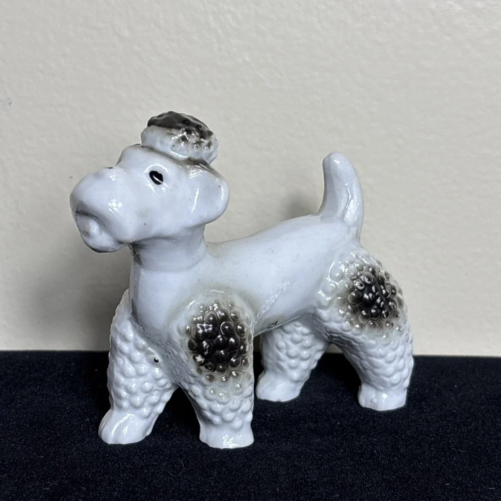 Vintage Poodle Figurine Ceramic / Porcelain Made in Japan  White w/black TopKnot